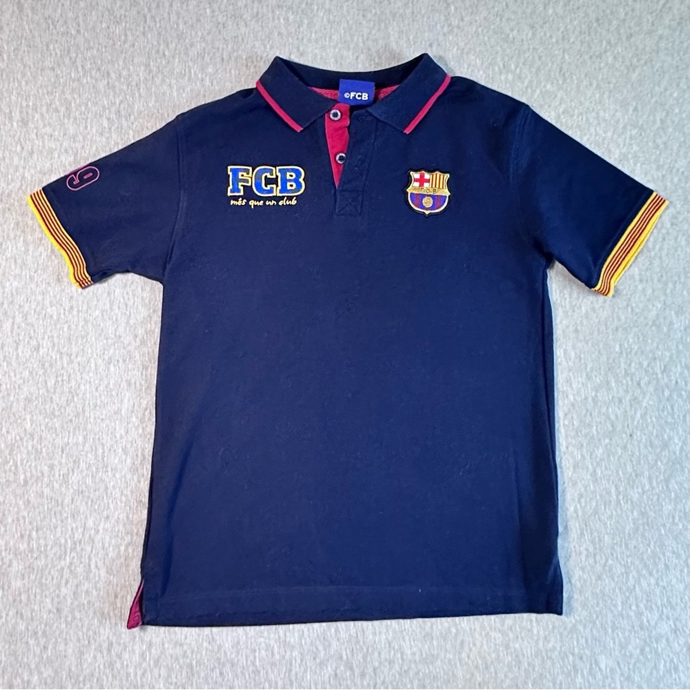 FC Barcelona Youth Polo Shirt Size 12 Blue Cotton Knit Top Soccer Jersey Tee